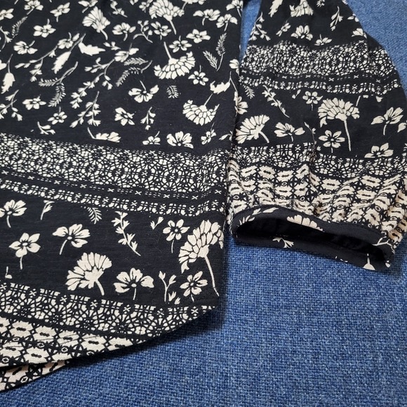 Lucky Brand Womens Large Black White Floral Cotton Boho Peasant Blouse Top - Picture 2 of 10